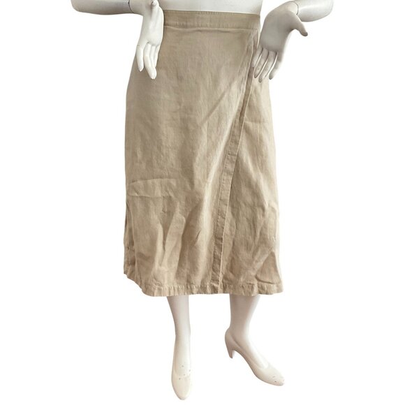 100% Organic Linen Eileen Fisher Faux Wrap Skirt Tan M - Picture 1 of 9